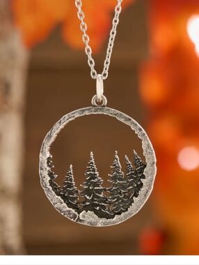 Whispering Pines Round Forest Pendant Necklace in Antique Silver New
